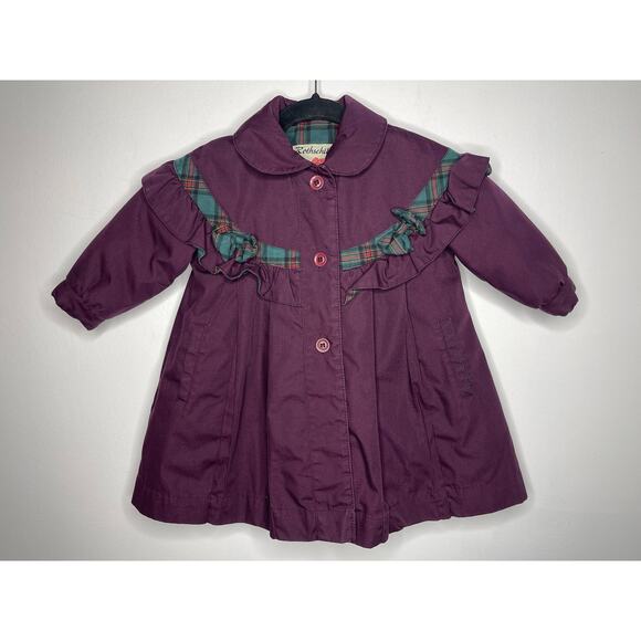 Rothschild Girls Coat VTG Deep Plum Purple Plaid Trimmed Formal Christmas Sz 2T